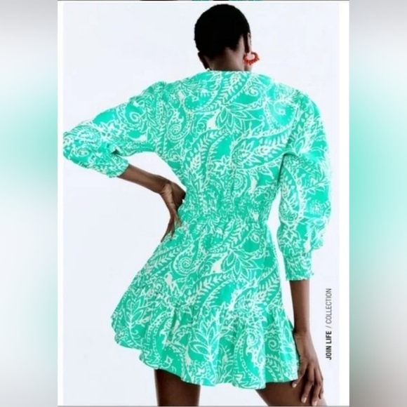Zara Linen Long Sleeve Flirty Tropical Green Ruffled Linen Cotton Dress SIZE S - Picture 2 of 11
